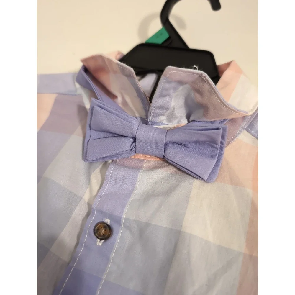 New Carter's Boys 5T Pastel Checkered Button Down Dress Shirt &‎ Bowtie